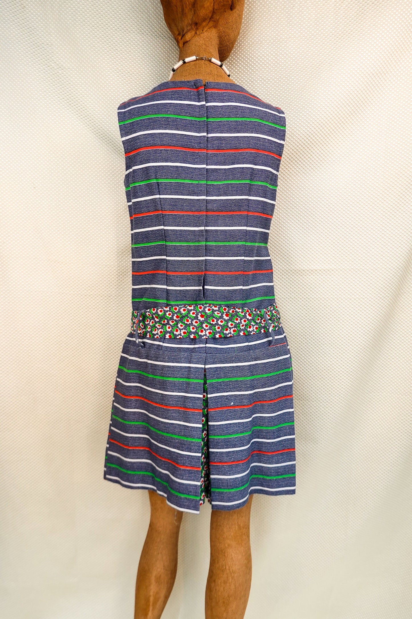 60's Romper - Vintage Handmade Striped Boxy Skort Romper - Sleeveless One Piece - Medium