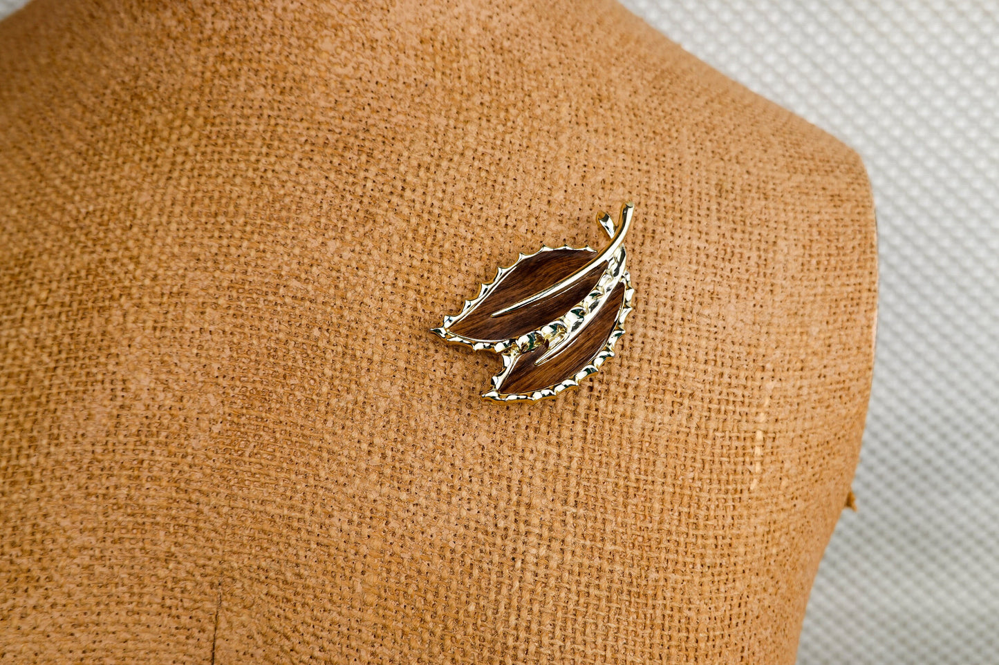 60's Wood Botanical Brooch - Gold Tone with Two Leaves - Sarah Coventry - 2.5" Sarah Cov 1968 Wooded Beauty Pin