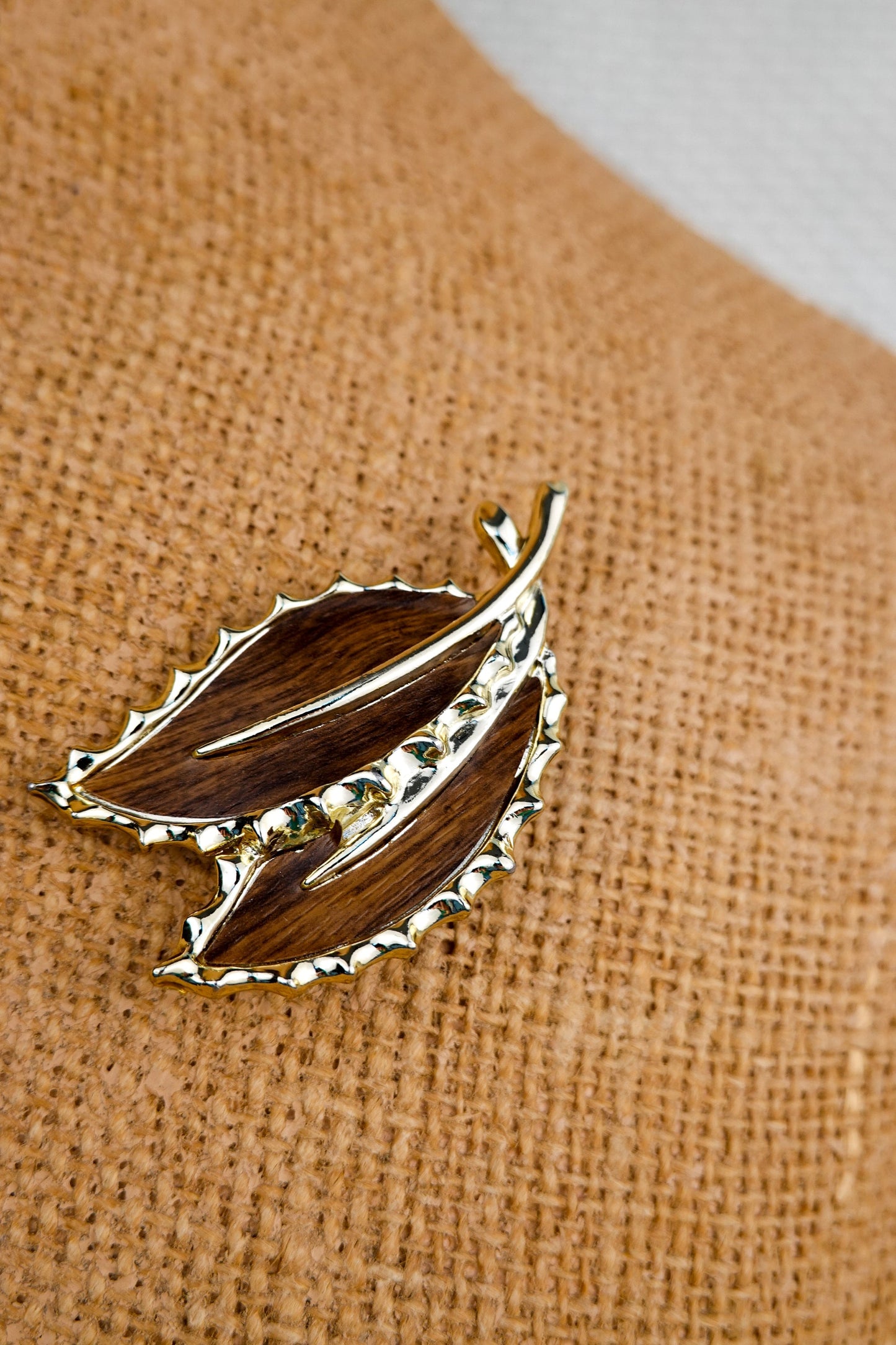 60's Wood Botanical Brooch - Gold Tone with Two Leaves - Sarah Coventry - 2.5" Sarah Cov 1968 Wooded Beauty Pin