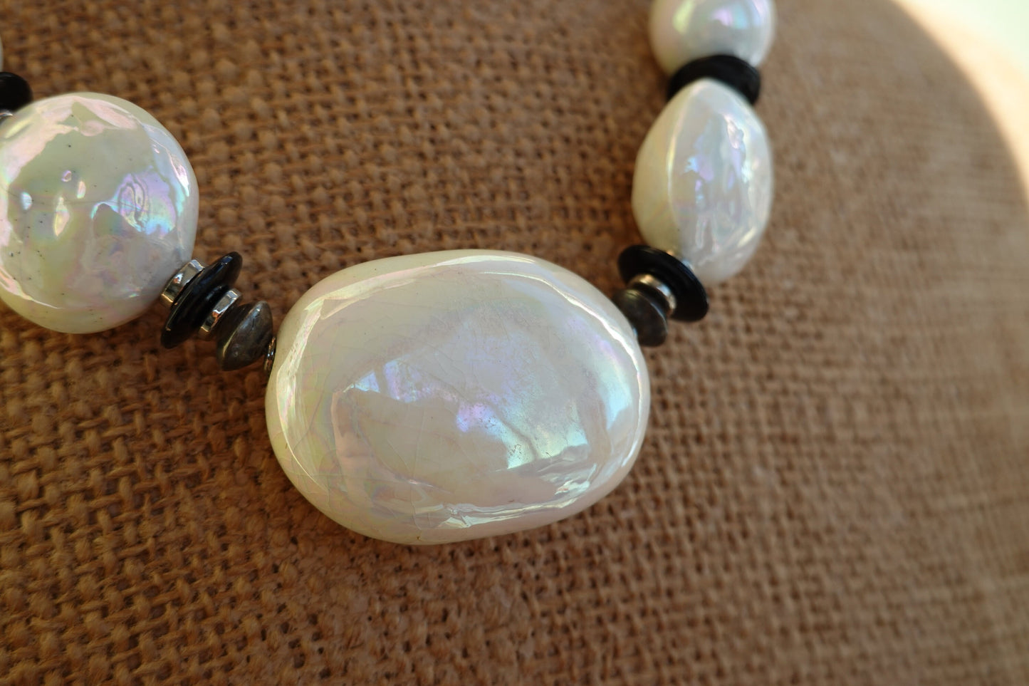 80's Iridescent Ceramic Stone Necklace - Vintage White Chunky Bead Necklace - Made in Japan