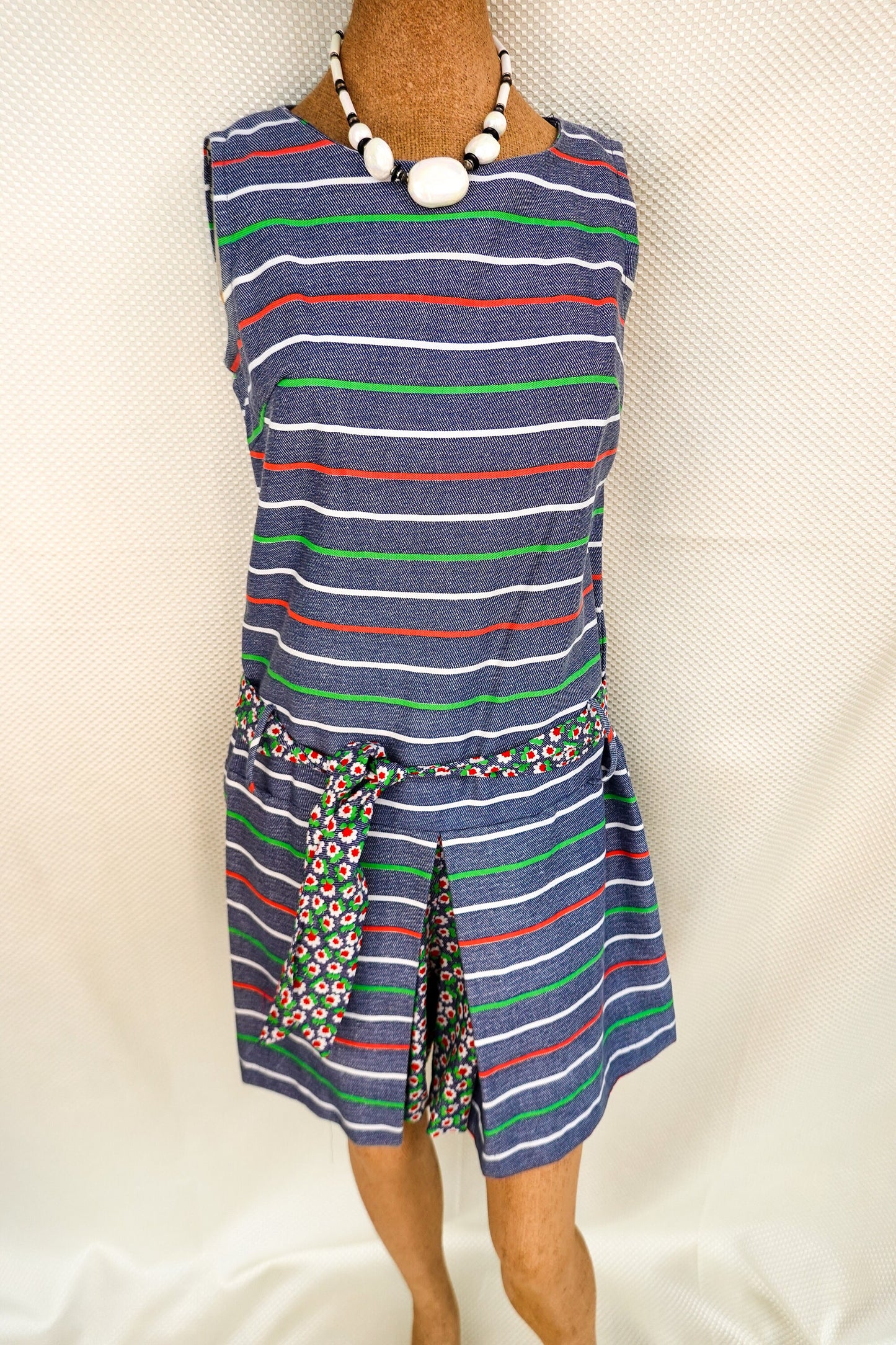 60's Romper - Vintage Handmade Striped Boxy Skort Romper - Sleeveless One Piece - Medium