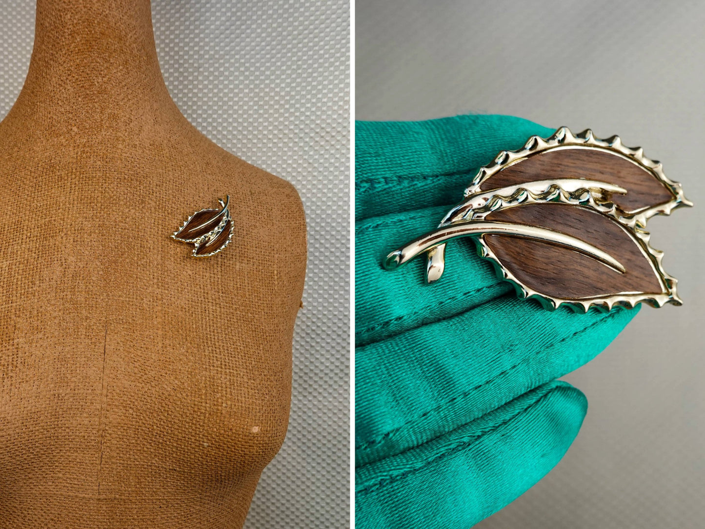 60's Wood Botanical Brooch - Gold Tone with Two Leaves - Sarah Coventry - 2.5" Sarah Cov 1968 Wooded Beauty Pin