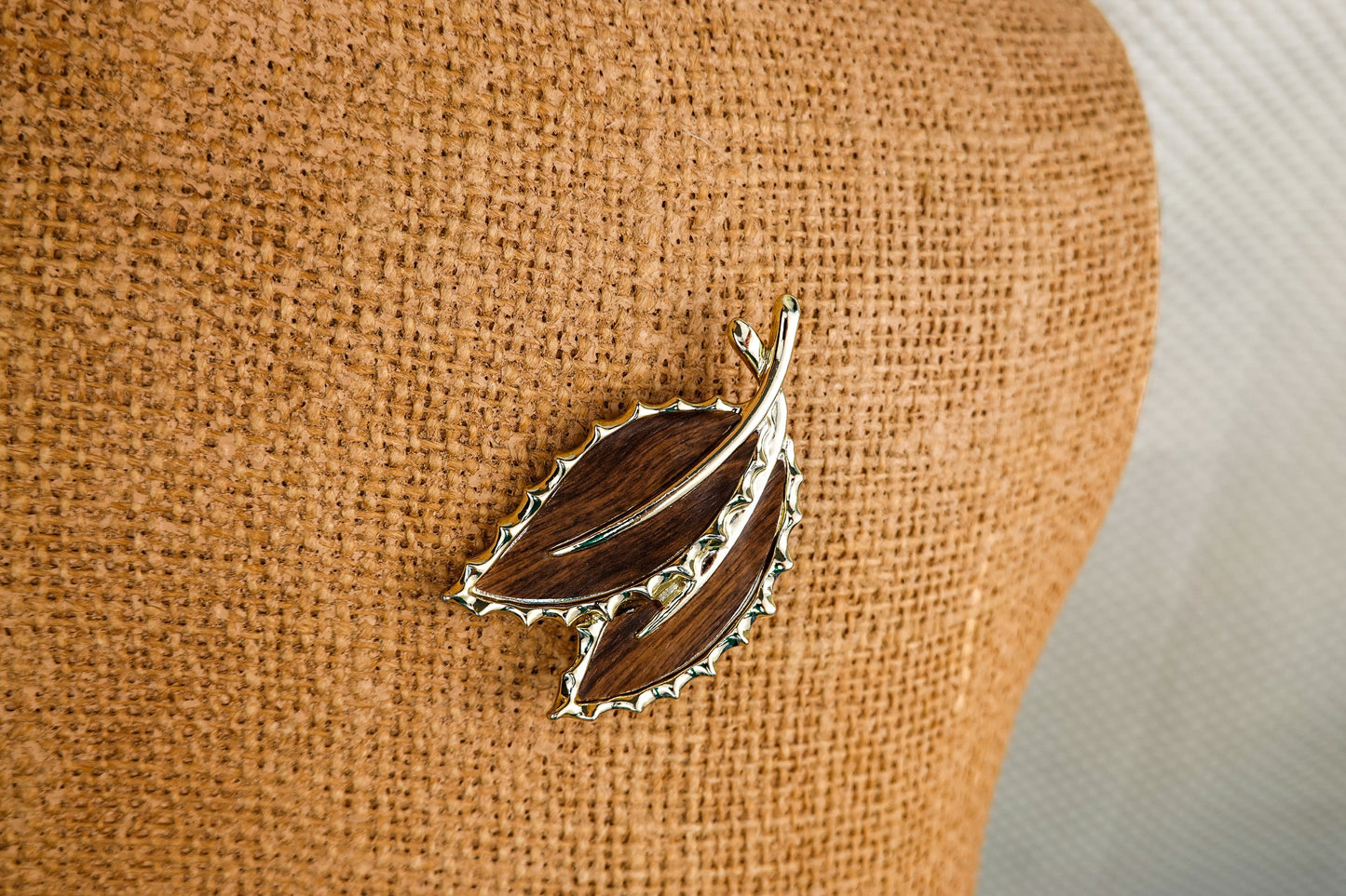 60's Wood Botanical Brooch - Gold Tone with Two Leaves - Sarah Coventry - 2.5" Sarah Cov 1968 Wooded Beauty Pin