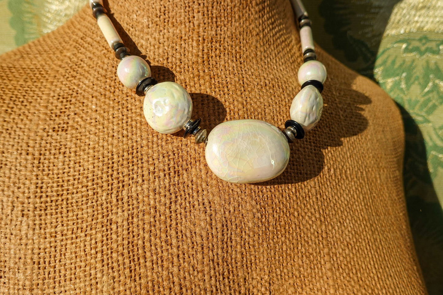 80's Iridescent Ceramic Stone Necklace - Vintage White Chunky Bead Necklace - Made in Japan