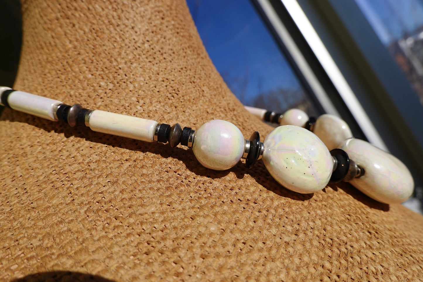 80's Iridescent Ceramic Stone Necklace - Vintage White Chunky Bead Necklace - Made in Japan