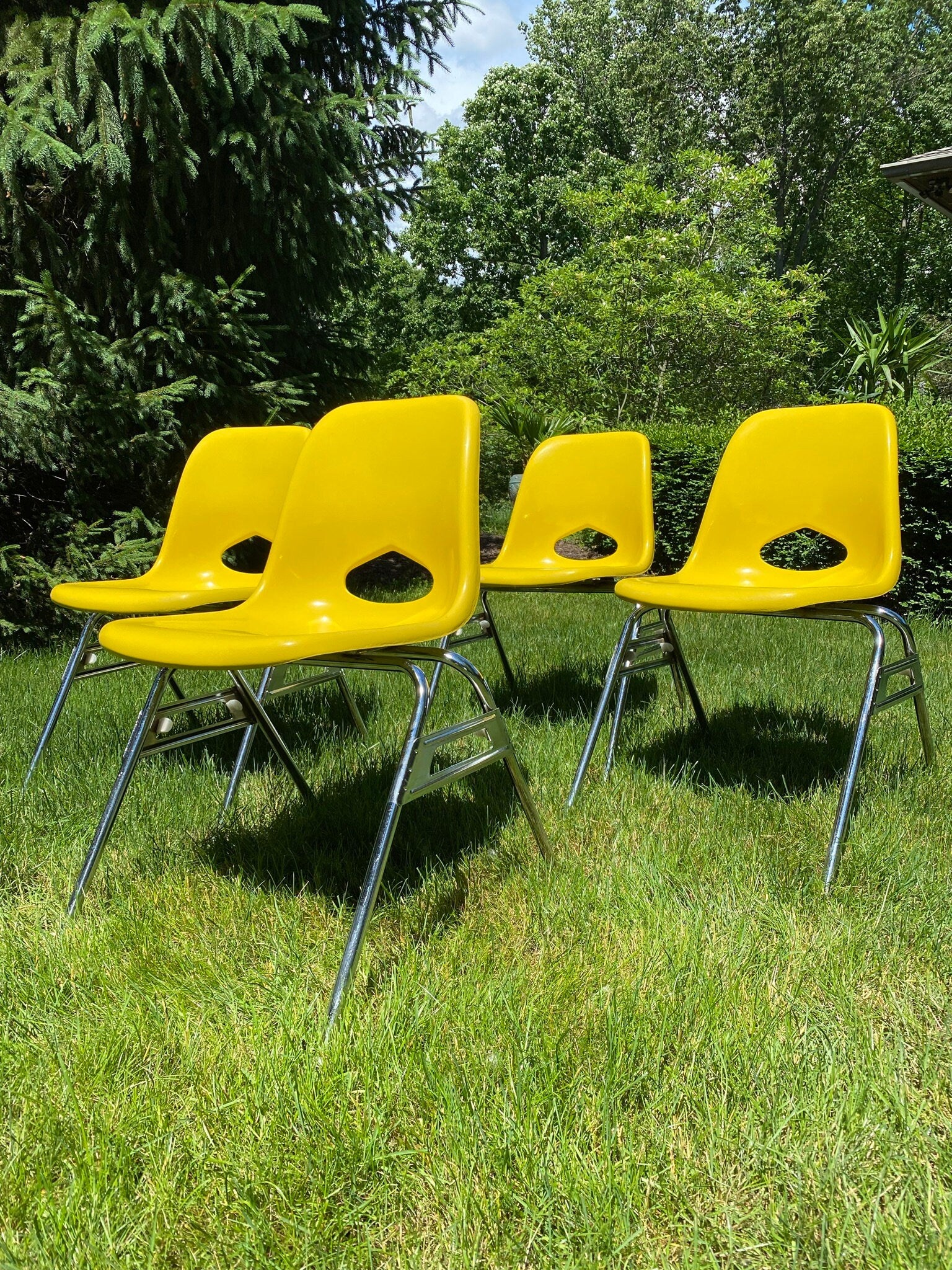 Yellow Shell Chairs Krueger Metal Products Molded Fiberglass Steel Mid Century Modern American Made 1960s
