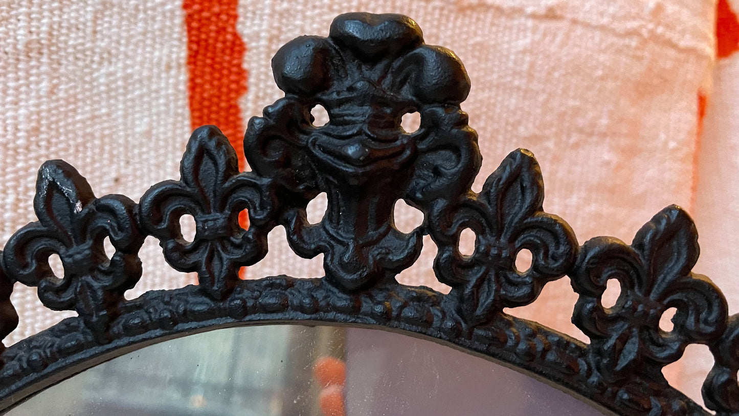 Wrought Iron Tabletop Mirror or Frame - Fleur de Lys Detail - Vintage Frame