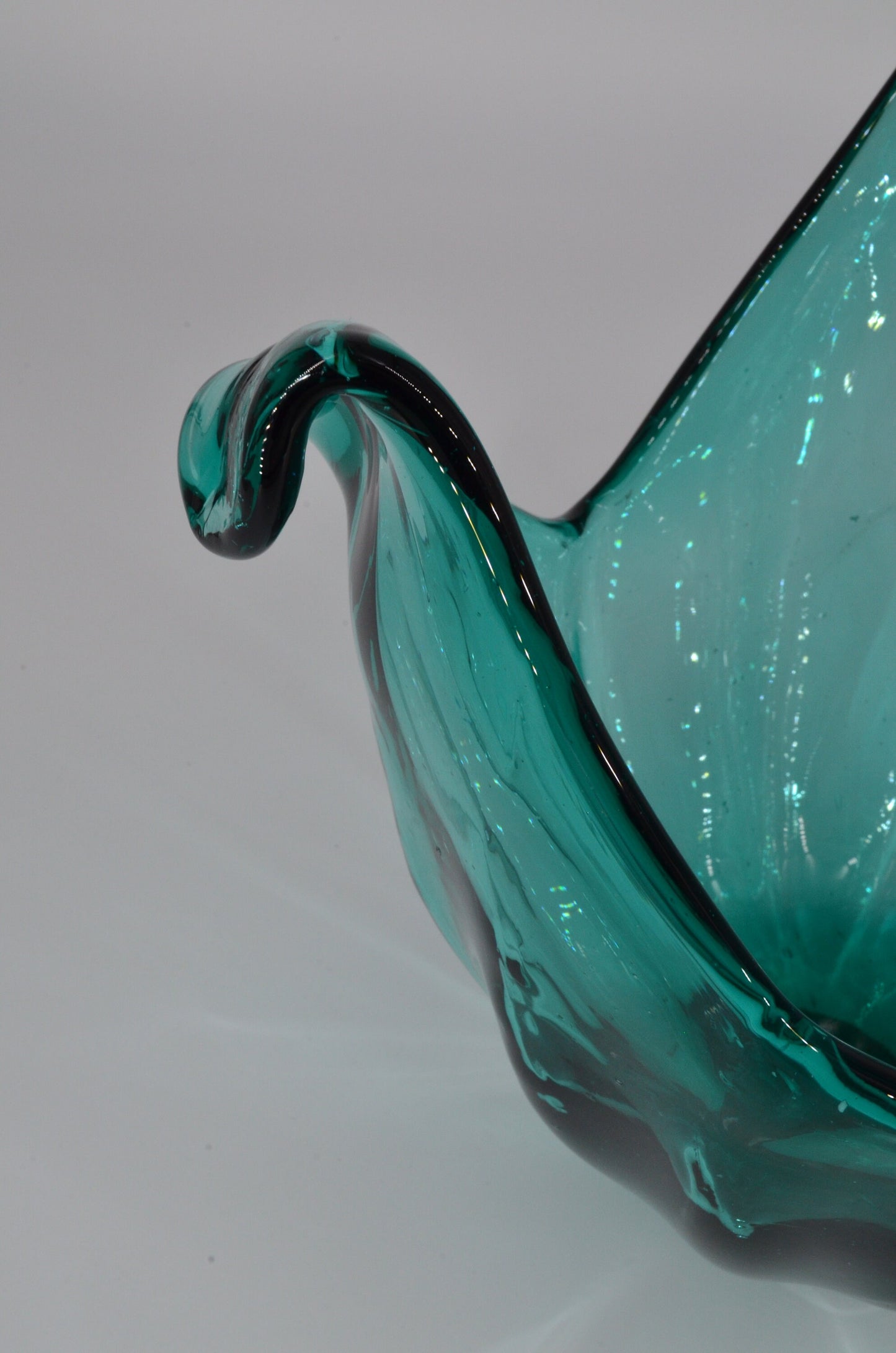 Huge Vintage Italian Glass Bowl - Handmade in Murano - Teal Curly Vase - Centerpiece Vase