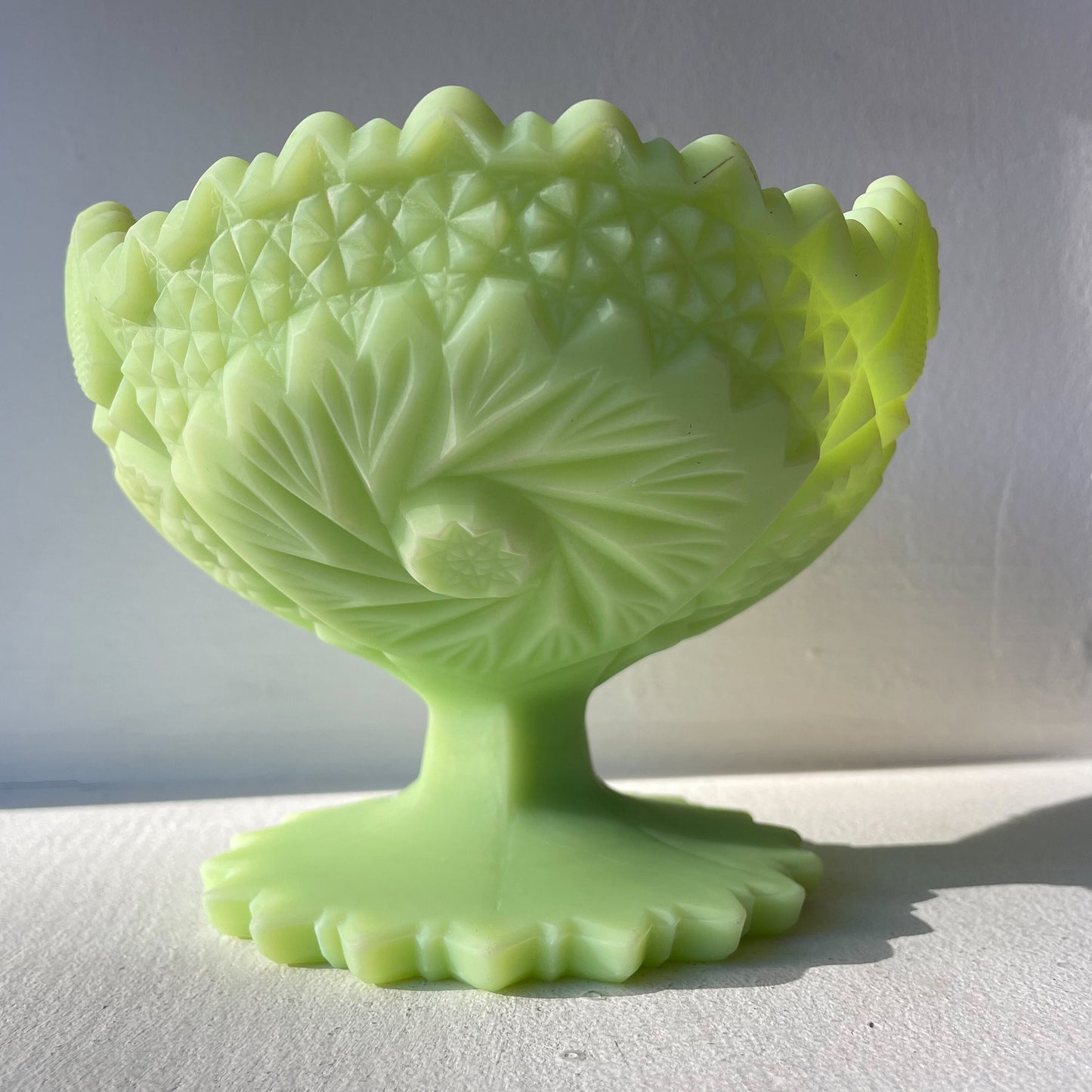Fenton Compote - Vaseline Satin Glass - Custard Glass - Glows