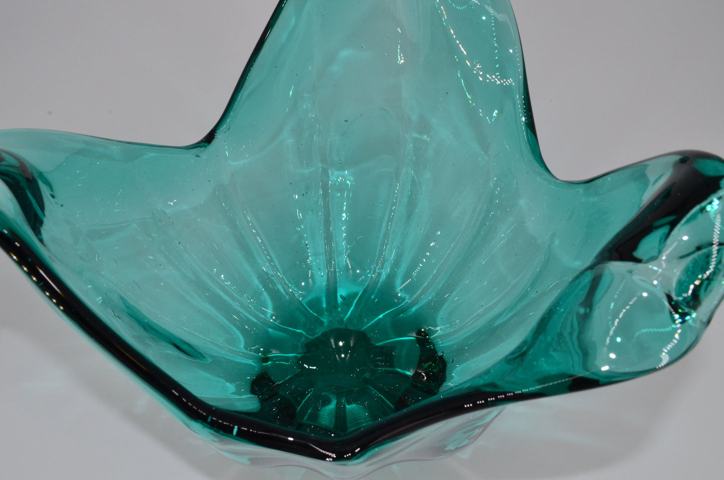 Huge Vintage Italian Glass Bowl - Handmade in Murano - Teal Curly Vase - Centerpiece Vase