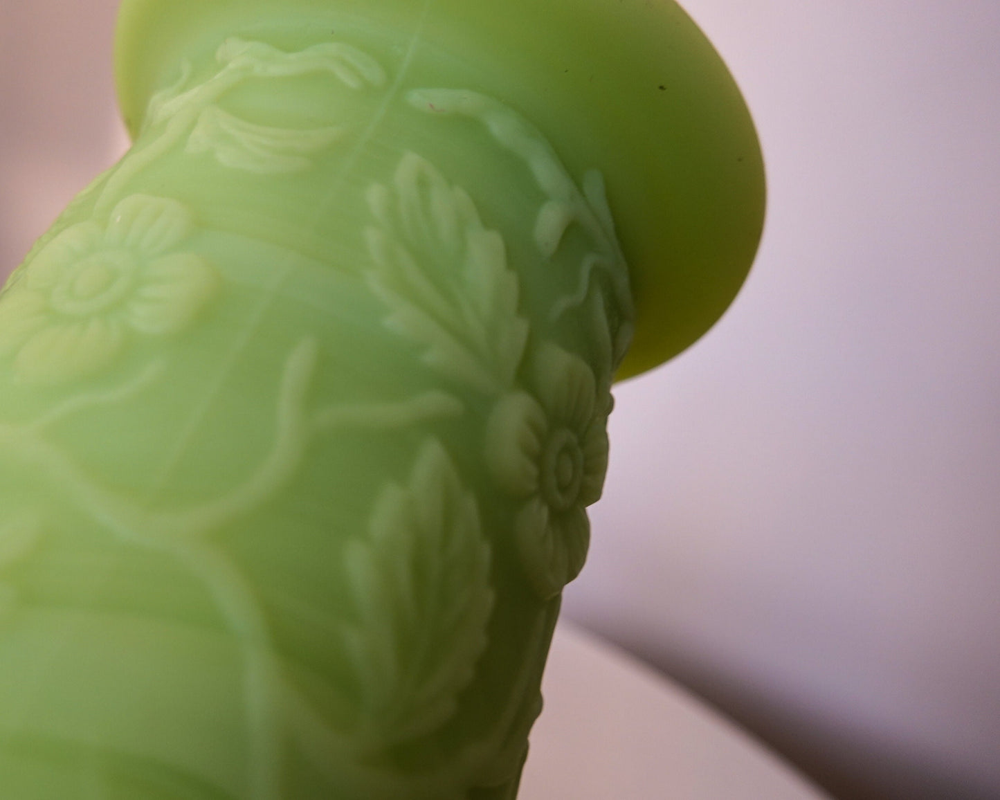 Peacock Vase - Fenton Satin Vaseline Glass - Glows Under Blacklight - Pressed Glass
