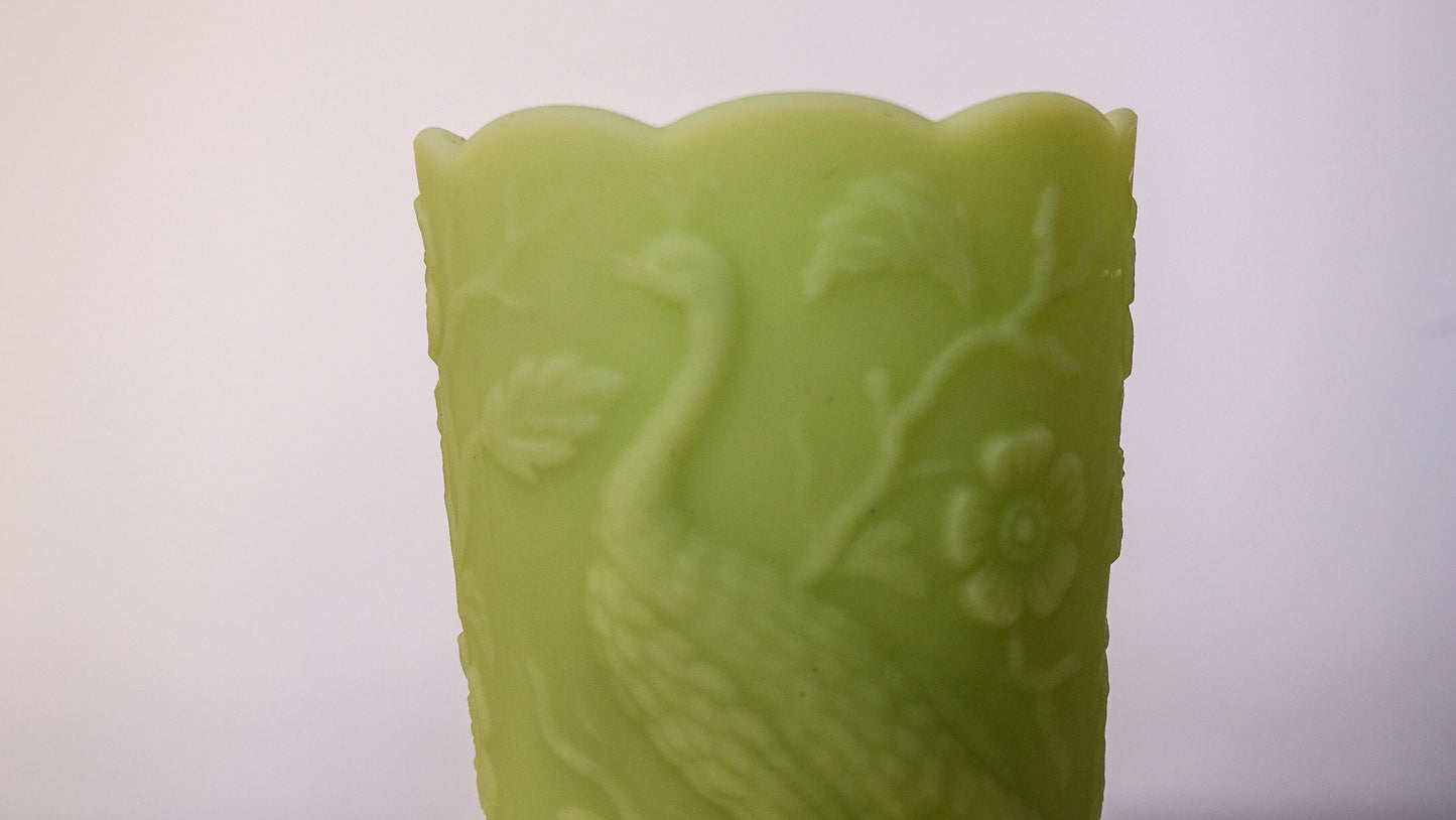Peacock Vase - Fenton Satin Vaseline Glass - Glows Under Blacklight - Pressed Glass