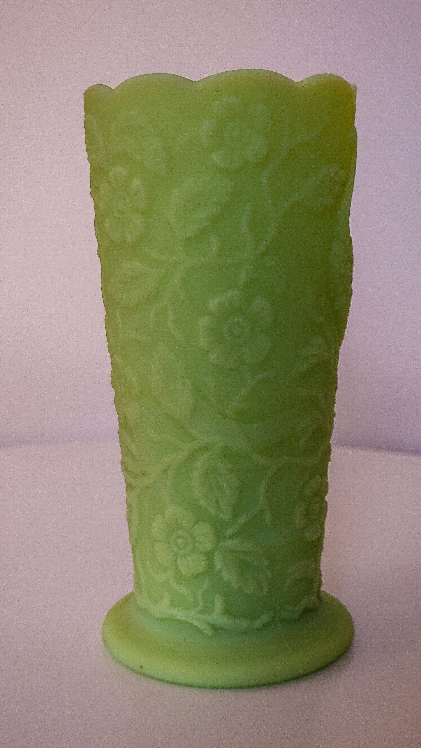 Peacock Vase - Fenton Satin Vaseline Glass - Glows Under Blacklight - Pressed Glass