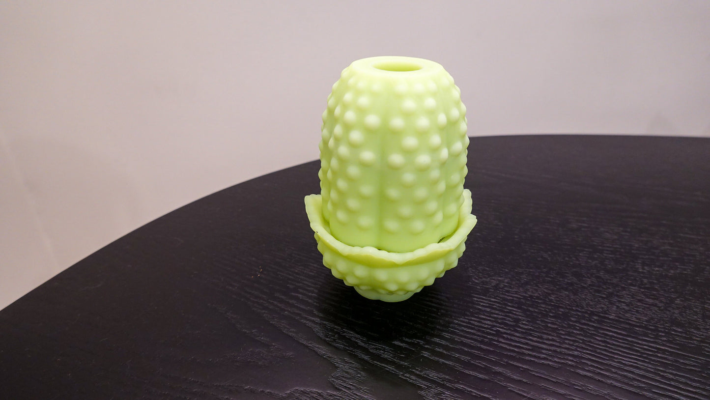 Tea Light - Fenton Hobnail Satin Vaseline Glass Fairy Lamp - Glows under Blacklight - 1974
