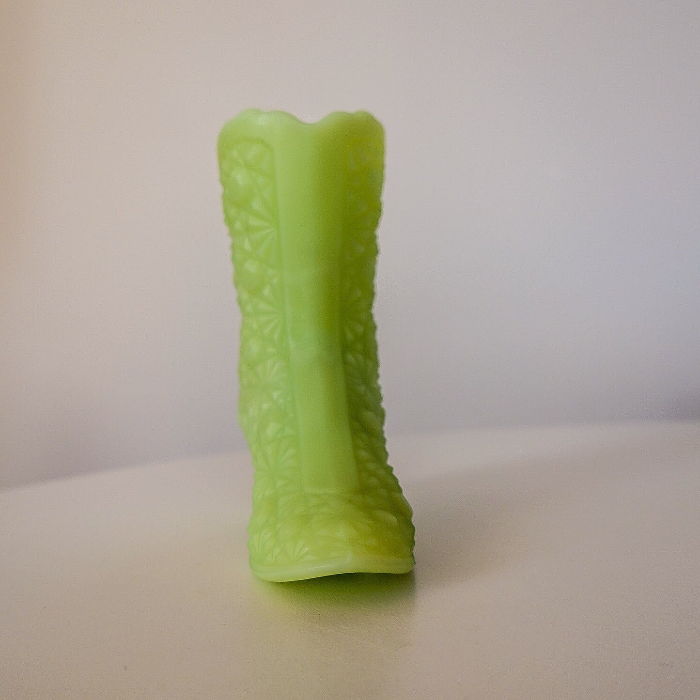 Fenton Satin Vaseline Glass Mini Boot - Uranium Glass - Glows under Blacklight