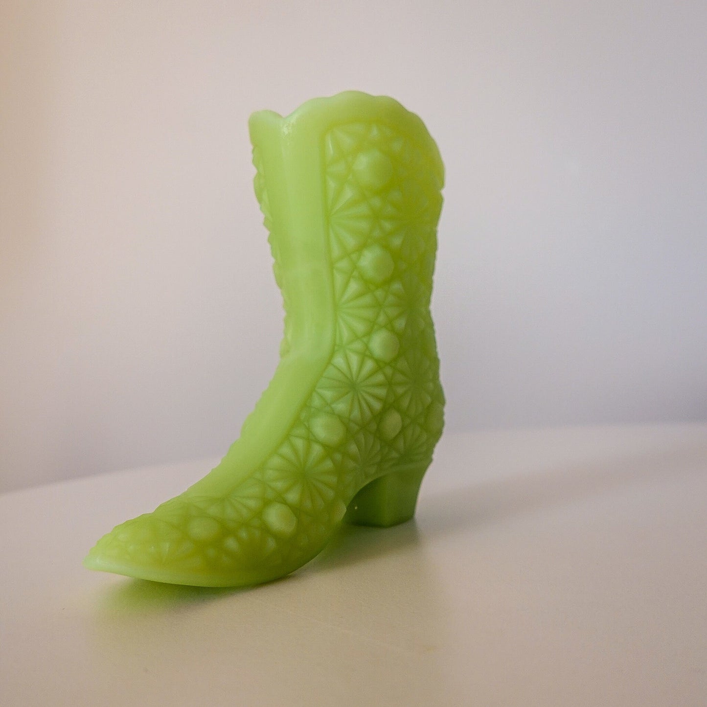 Fenton Satin Vaseline Glass Mini Boot - Uranium Glass - Glows under Blacklight