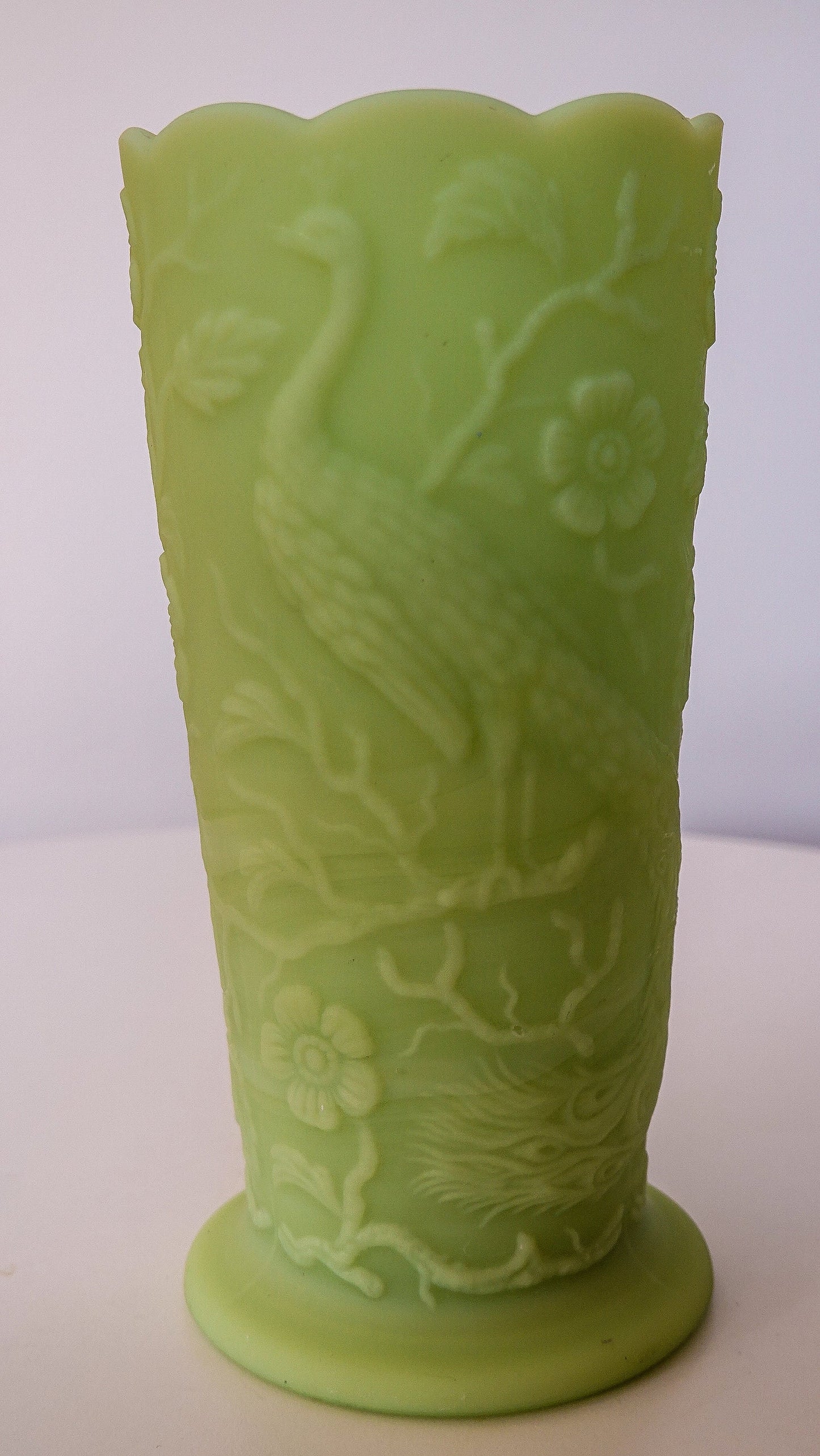 Peacock Vase - Fenton Satin Vaseline Glass - Glows Under Blacklight - Pressed Glass