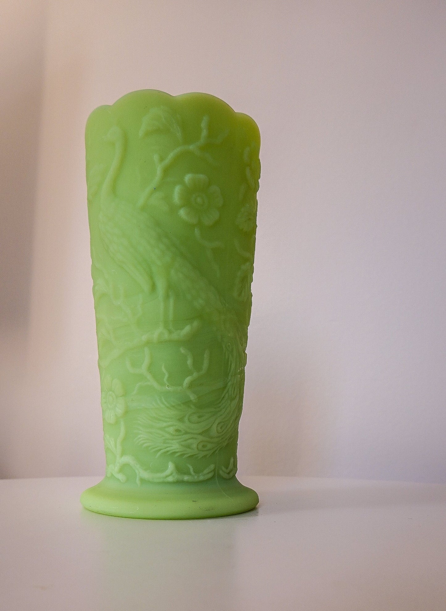 Peacock Vase - Fenton Satin Vaseline Glass - Glows Under Blacklight - Pressed Glass