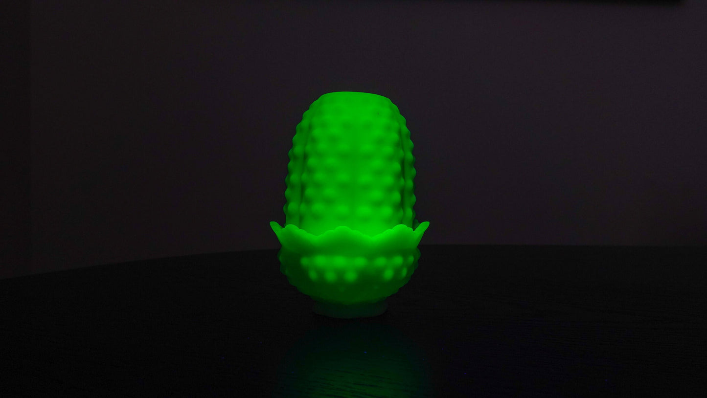 Tea Light - Fenton Hobnail Satin Vaseline Glass Fairy Lamp - Glows under Blacklight - 1974