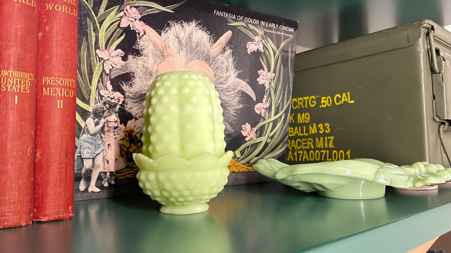 Tea Light - Fenton Hobnail Satin Vaseline Glass Fairy Lamp - Glows under Blacklight - 1974