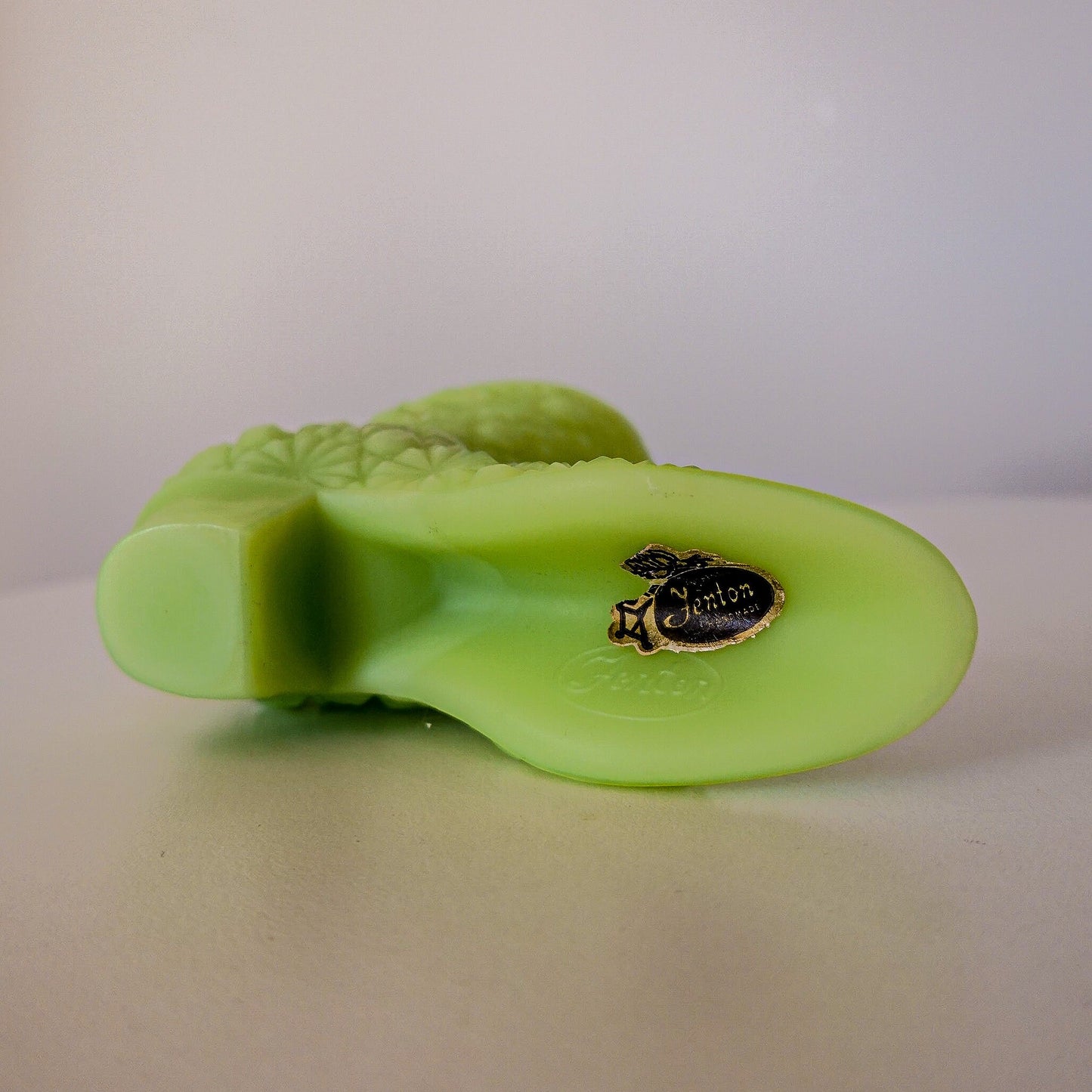 Fenton Satin Vaseline Glass Mini Boot - Uranium Glass - Glows under Blacklight