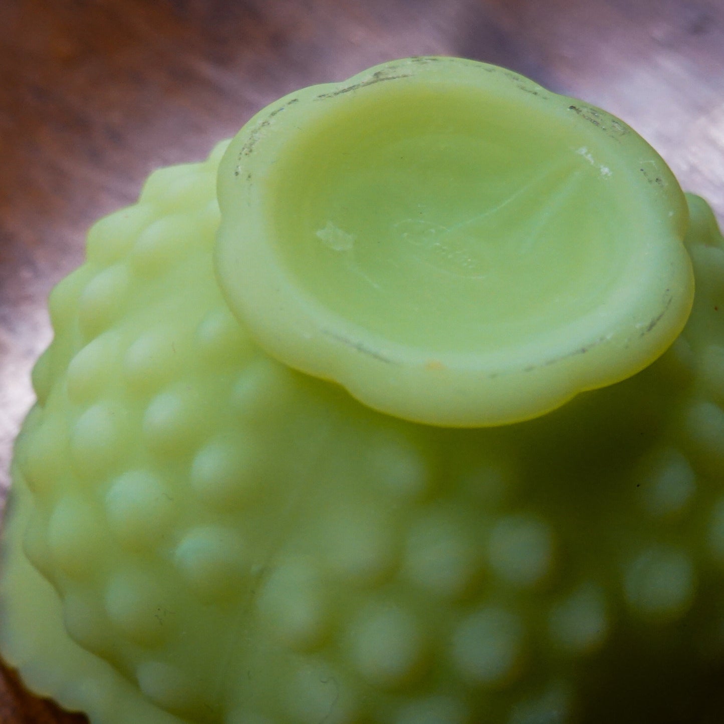 Tea Light - Fenton Hobnail Satin Vaseline Glass Fairy Lamp - Glows under Blacklight - 1974