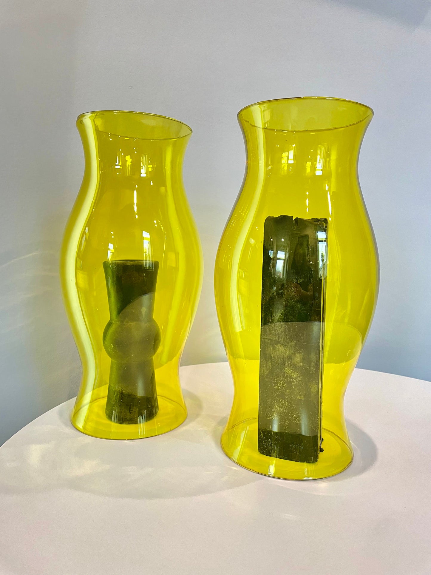 Large Vintage Blown Glass Hurricane - Lime Green Glass - Vintage Tabletop Hurricane
