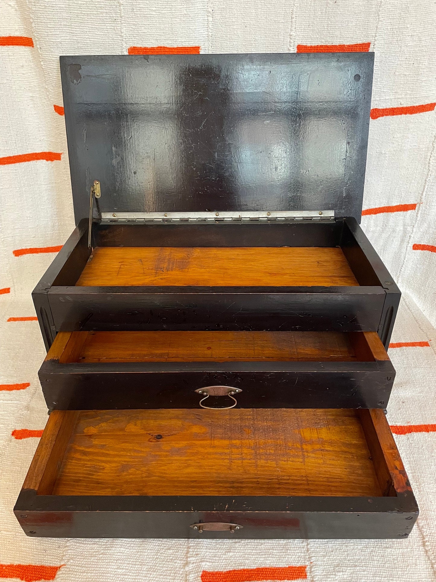 Antique Tabletop Storage Chest - Jewelry Chest - Desktop Storage - with 2 drawers and lift top