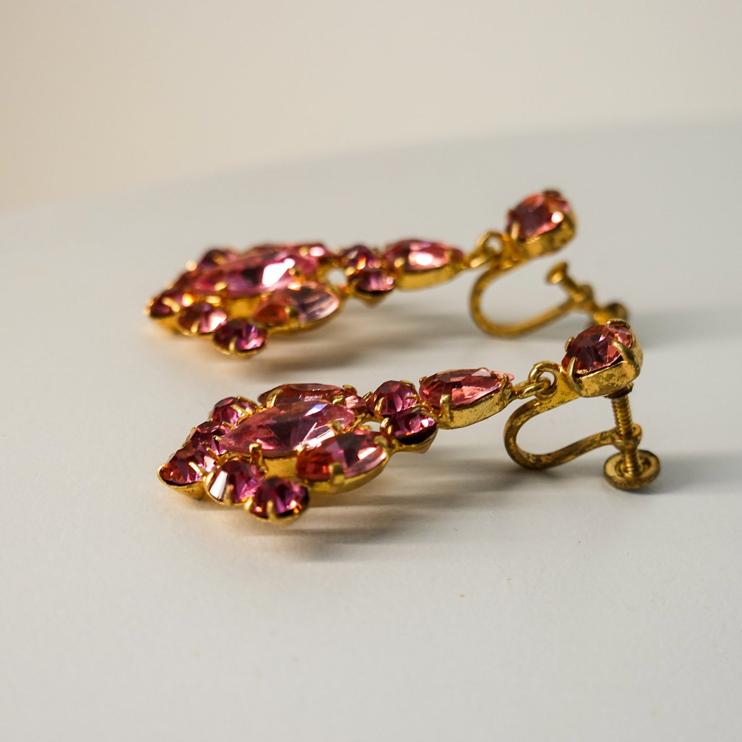 40's - 50's Chandelier Cubic Zirconia Earrings - Pink Czech Rhinestone Earrings - Vintage Glamorous Jewelry - Gold Earrings