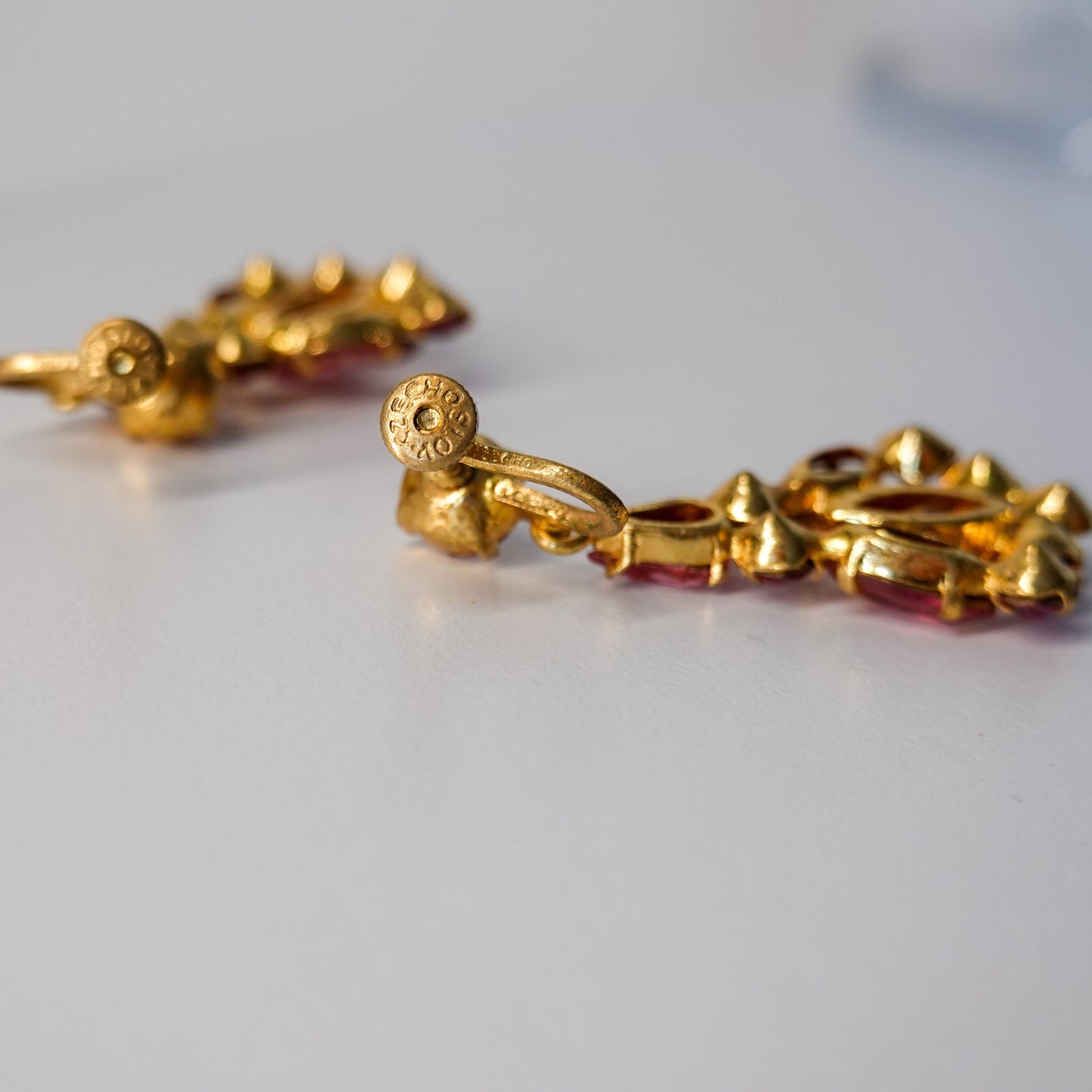 40's - 50's Chandelier Cubic Zirconia Earrings - Pink Czech Rhinestone Earrings - Vintage Glamorous Jewelry - Gold Earrings