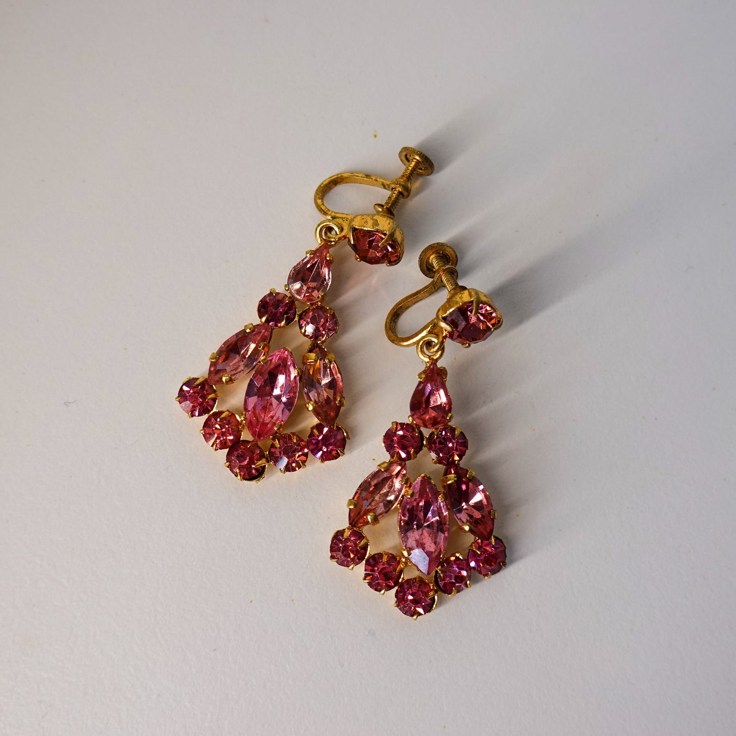 40's - 50's Chandelier Cubic Zirconia Earrings - Pink Czech Rhinestone Earrings - Vintage Glamorous Jewelry - Gold Earrings