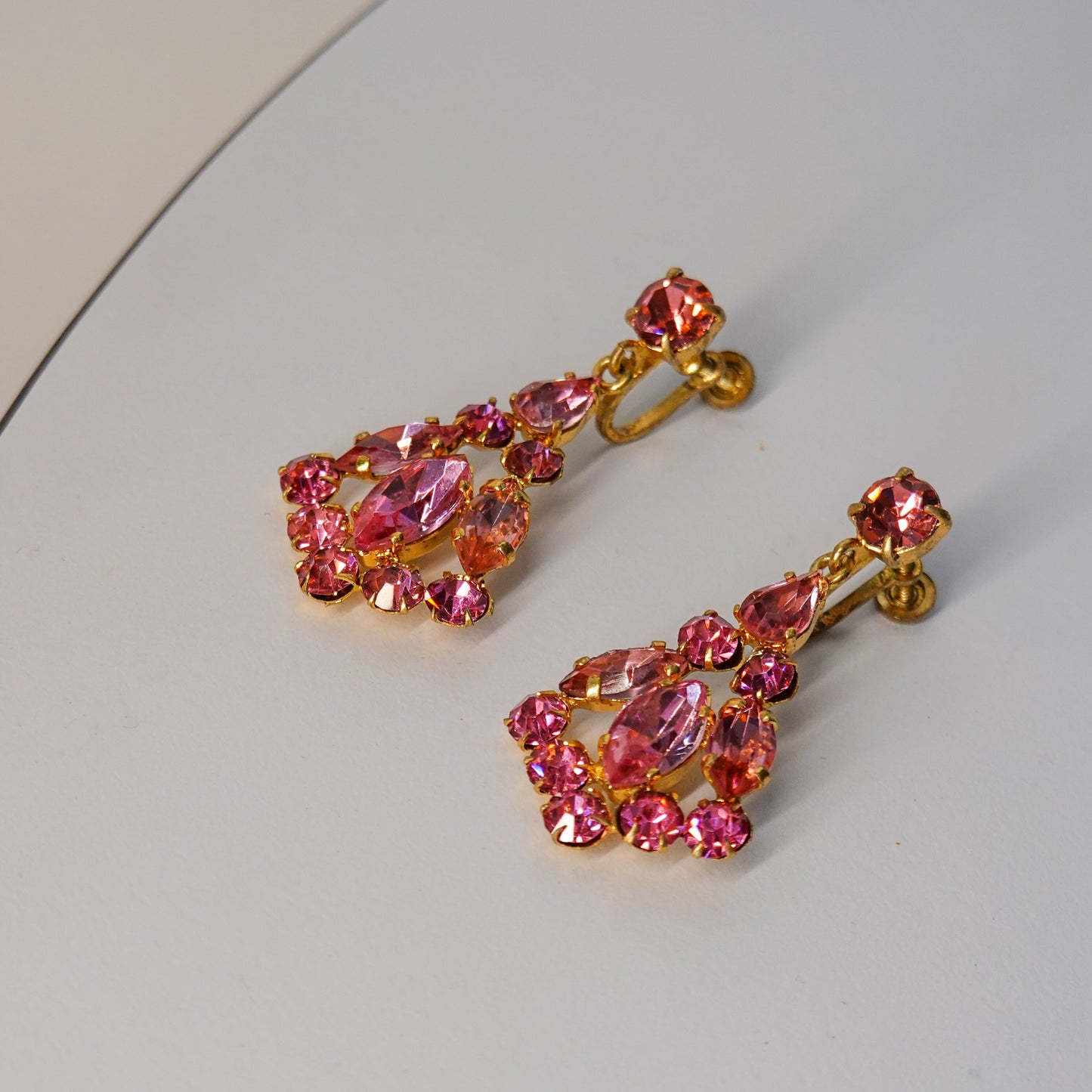 40's - 50's Chandelier Cubic Zirconia Earrings - Pink Czech Rhinestone Earrings - Vintage Glamorous Jewelry - Gold Earrings