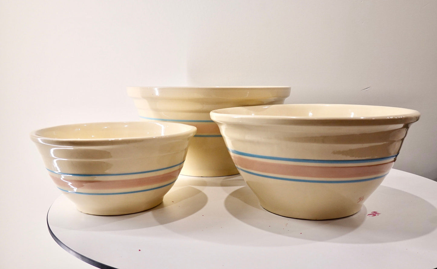 Vintage McCoy Pottery Oven Ware Bowls - 8", 10" 12" - Heavy Duty Mixing Bowls - Blue and Pink Banded - Vintage Kitchen Supplies - Stoneware