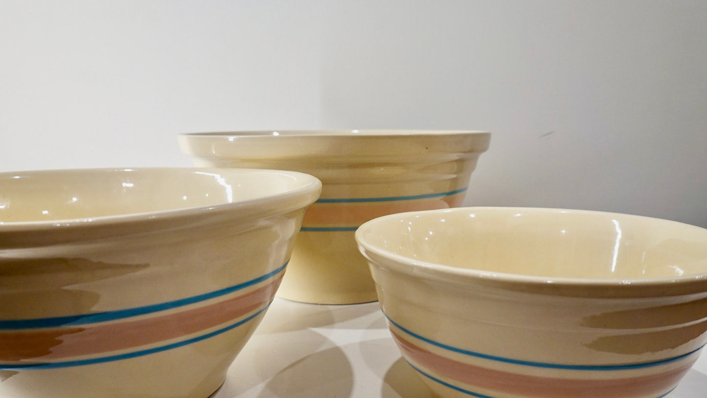 Vintage McCoy Pottery Oven Ware Bowls - 8", 10" 12" - Heavy Duty Mixing Bowls - Blue and Pink Banded - Vintage Kitchen Supplies - Stoneware