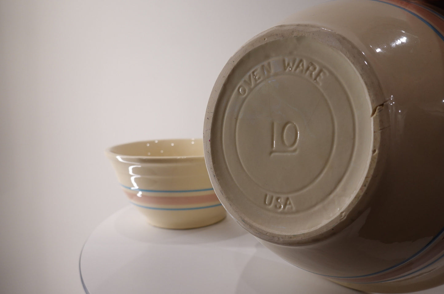 Vintage McCoy Pottery Oven Ware Bowls - 8", 10" 12" - Heavy Duty Mixing Bowls - Blue and Pink Banded - Vintage Kitchen Supplies - Stoneware