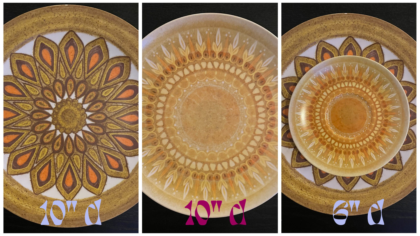 Vintage Mix & Match Plates - 1970's - Mid-Century Modern Kitchenware - Floral, Sunburst, Starburst Pattern - Allied Chemical Melamine Melmac