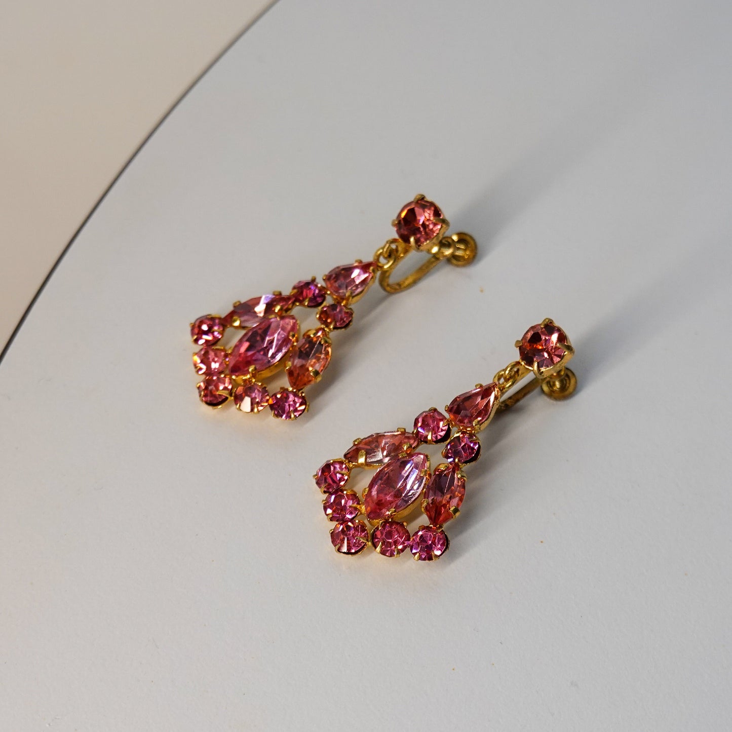 40's - 50's Chandelier Cubic Zirconia Earrings - Pink Czech Rhinestone Earrings - Vintage Glamorous Jewelry - Gold Earrings