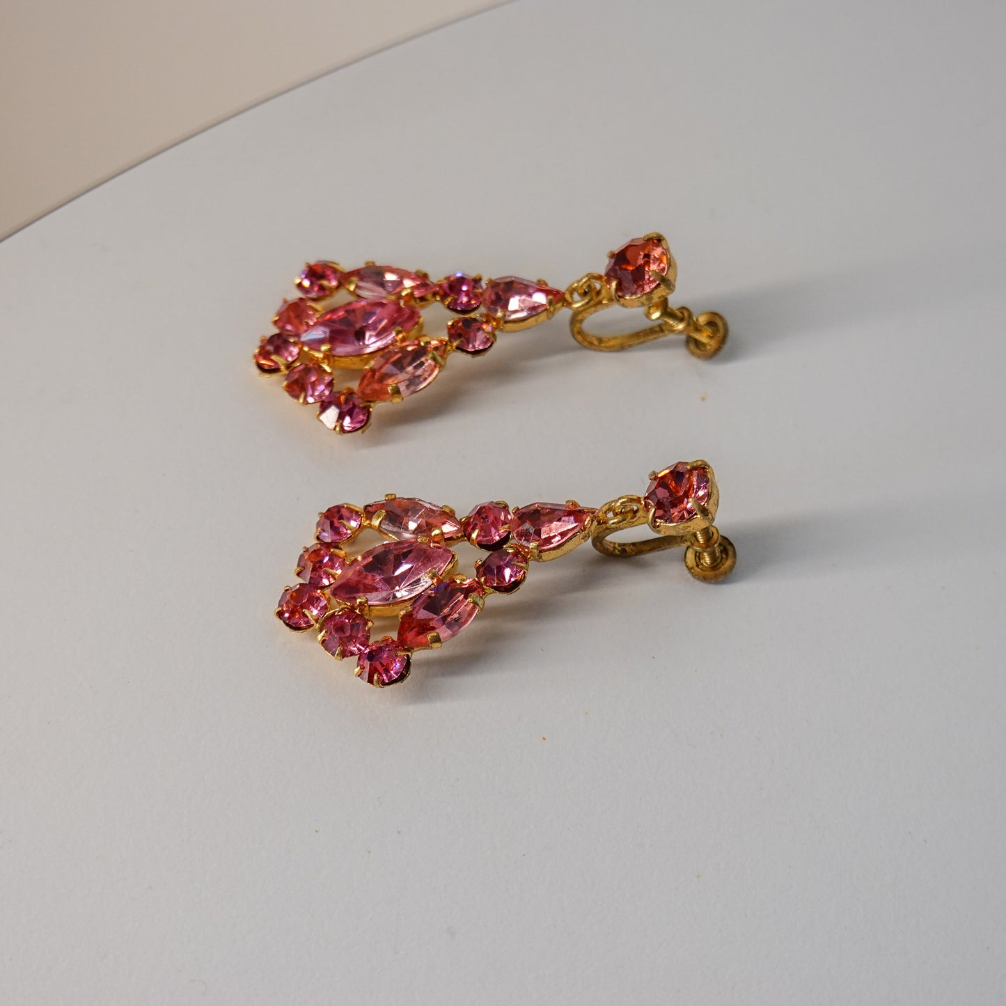 40's - 50's Chandelier Cubic Zirconia Earrings - Pink Czech Rhinestone Earrings - Vintage Glamorous Jewelry - Gold Earrings