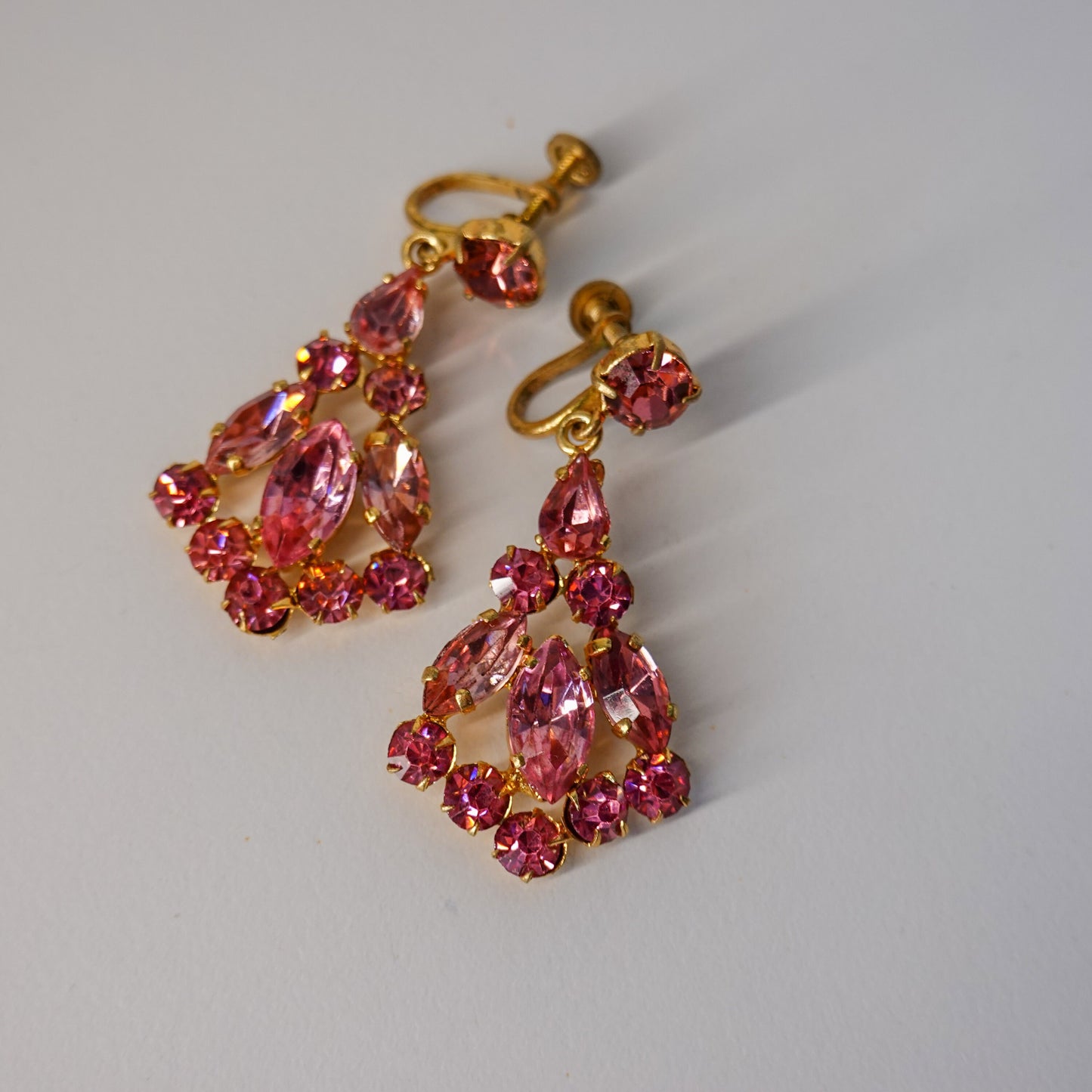 40's - 50's Chandelier Cubic Zirconia Earrings - Pink Czech Rhinestone Earrings - Vintage Glamorous Jewelry - Gold Earrings