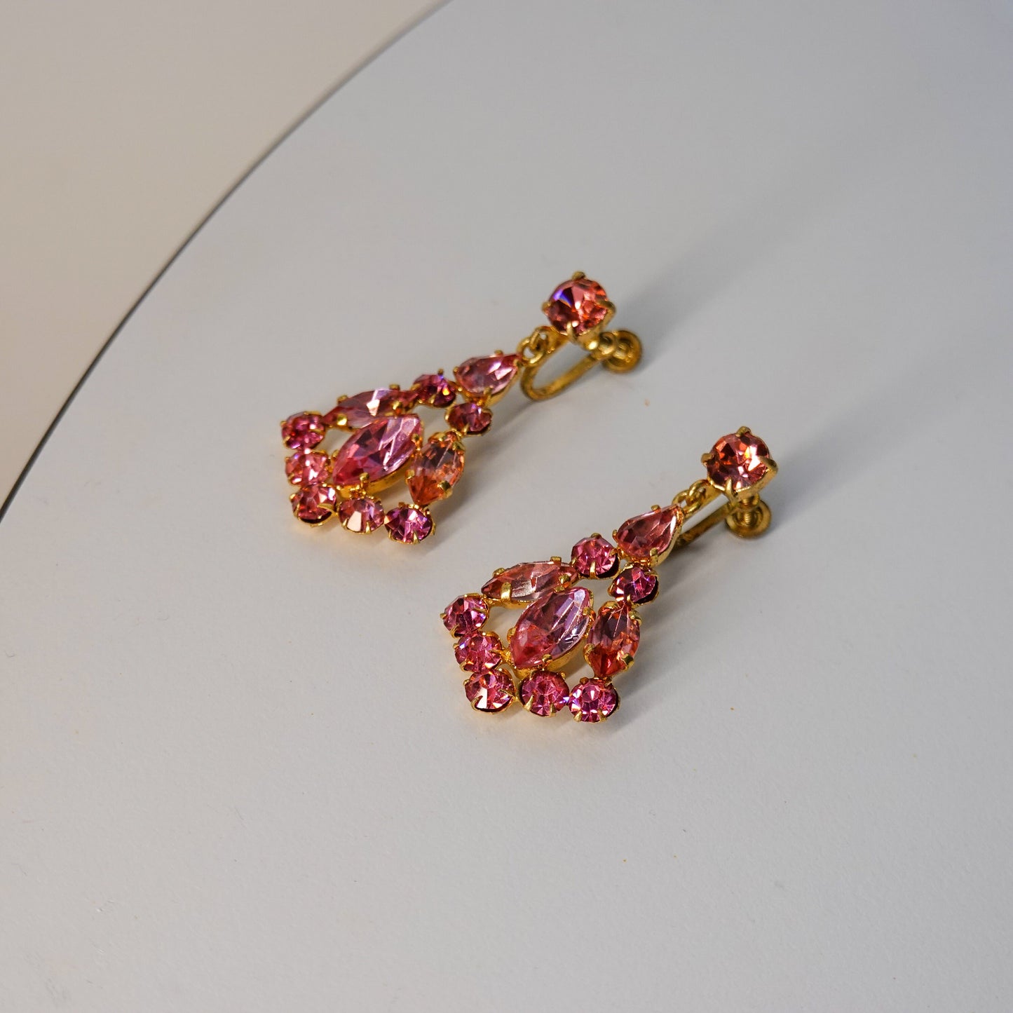 40's - 50's Chandelier Cubic Zirconia Earrings - Pink Czech Rhinestone Earrings - Vintage Glamorous Jewelry - Gold Earrings