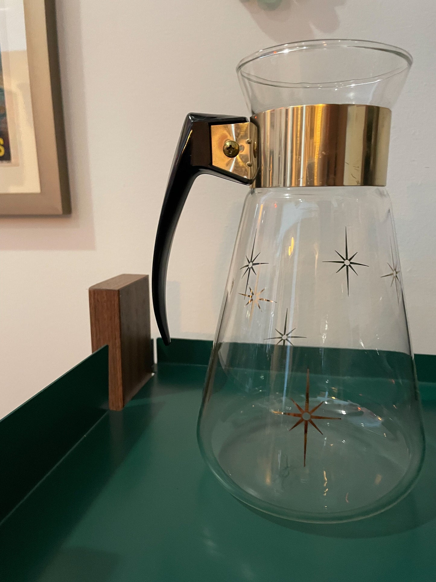 Atomic Starburst Carafe by Corning - Gold Tone Details - Heat Proof Glass
