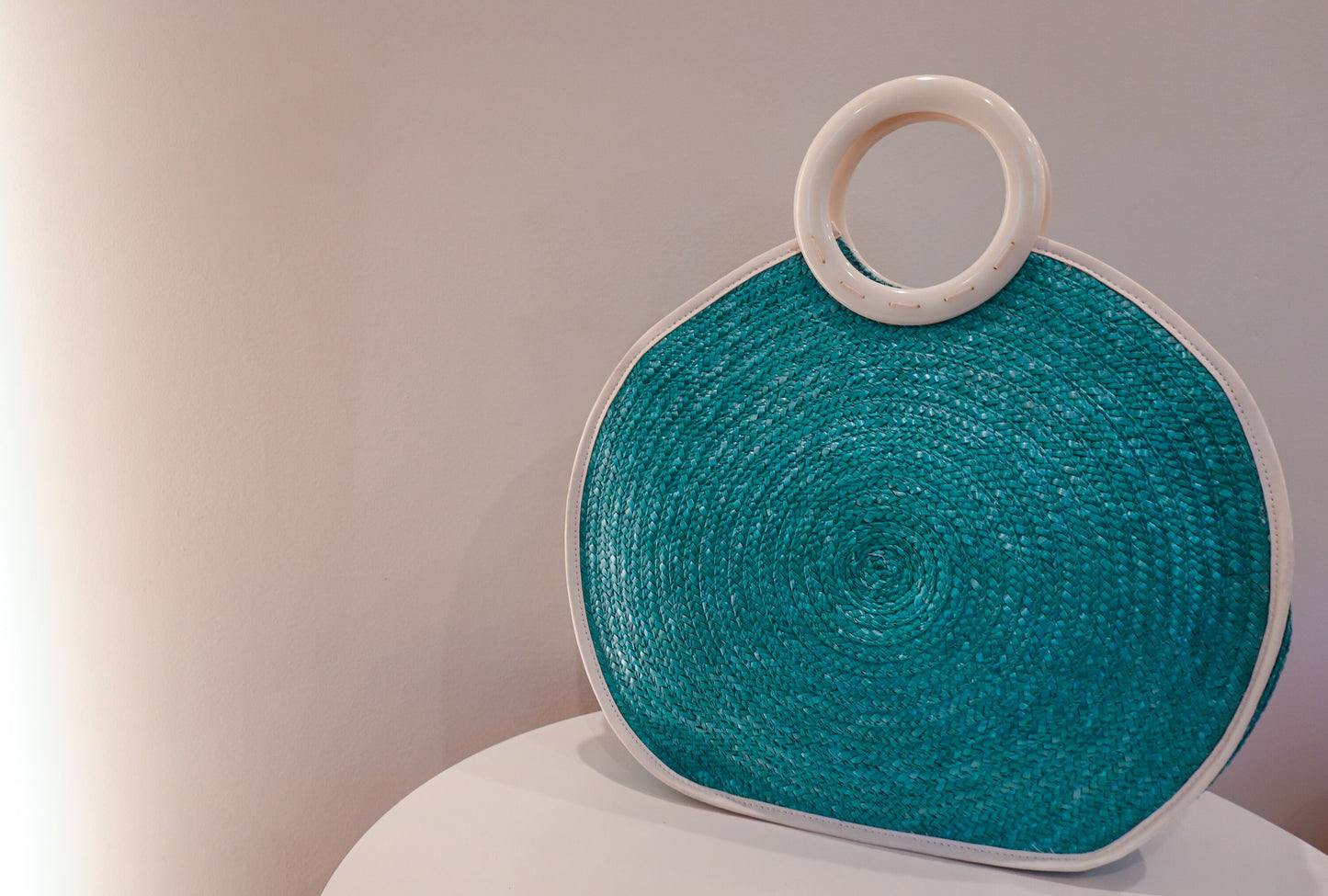 Circle Bag - Vintage Woven Raffia Summer Tote - 1960s Beach Bag - White Leather, Turquoise Raffia, White Acrylic Handle & Tassel