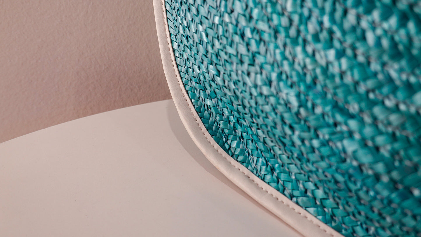 Circle Bag - Vintage Woven Raffia Summer Tote - 1960s Beach Bag - White Leather, Turquoise Raffia, White Acrylic Handle & Tassel