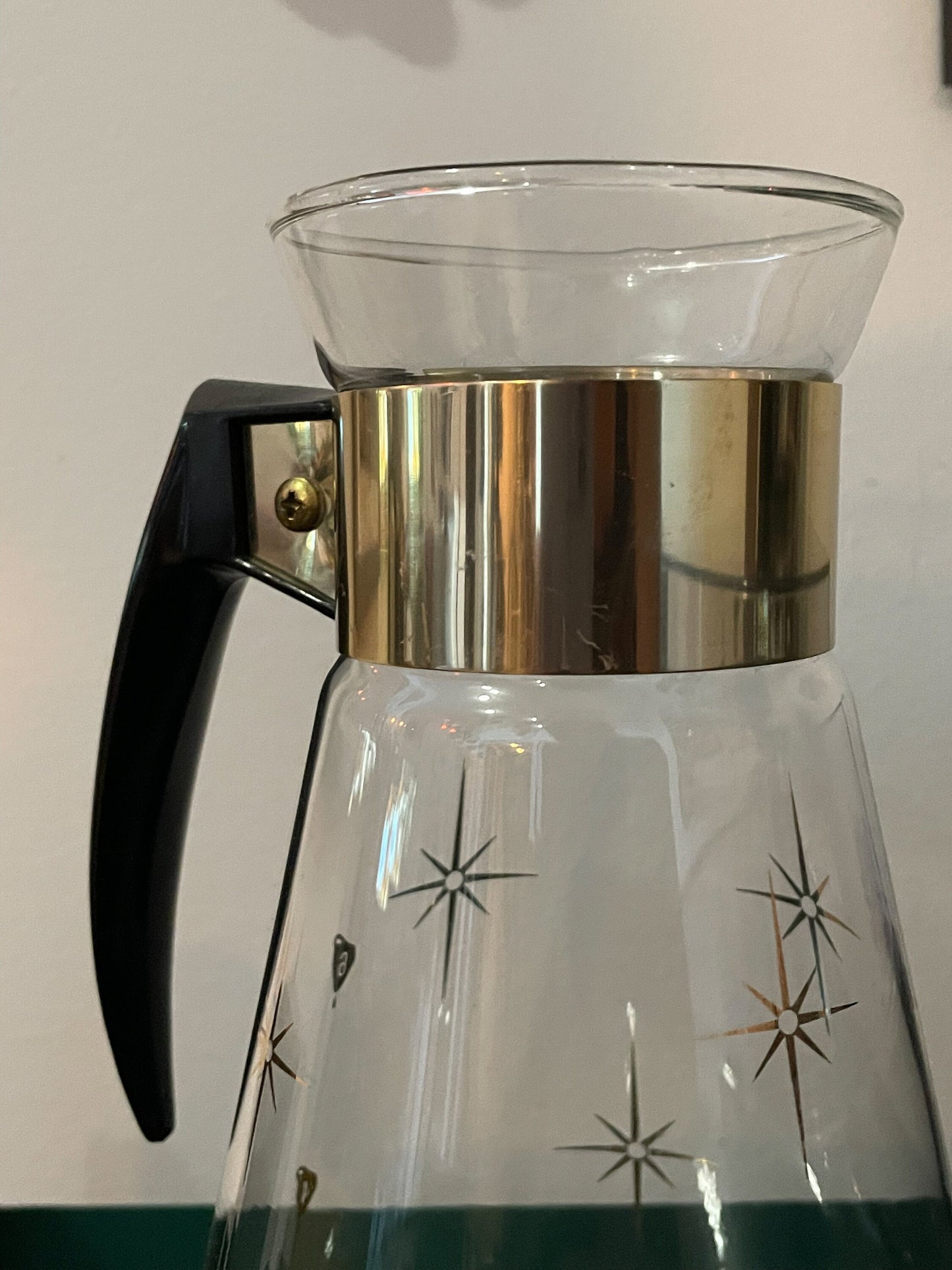 Atomic Starburst Carafe by Corning - Gold Tone Details - Heat Proof Glass