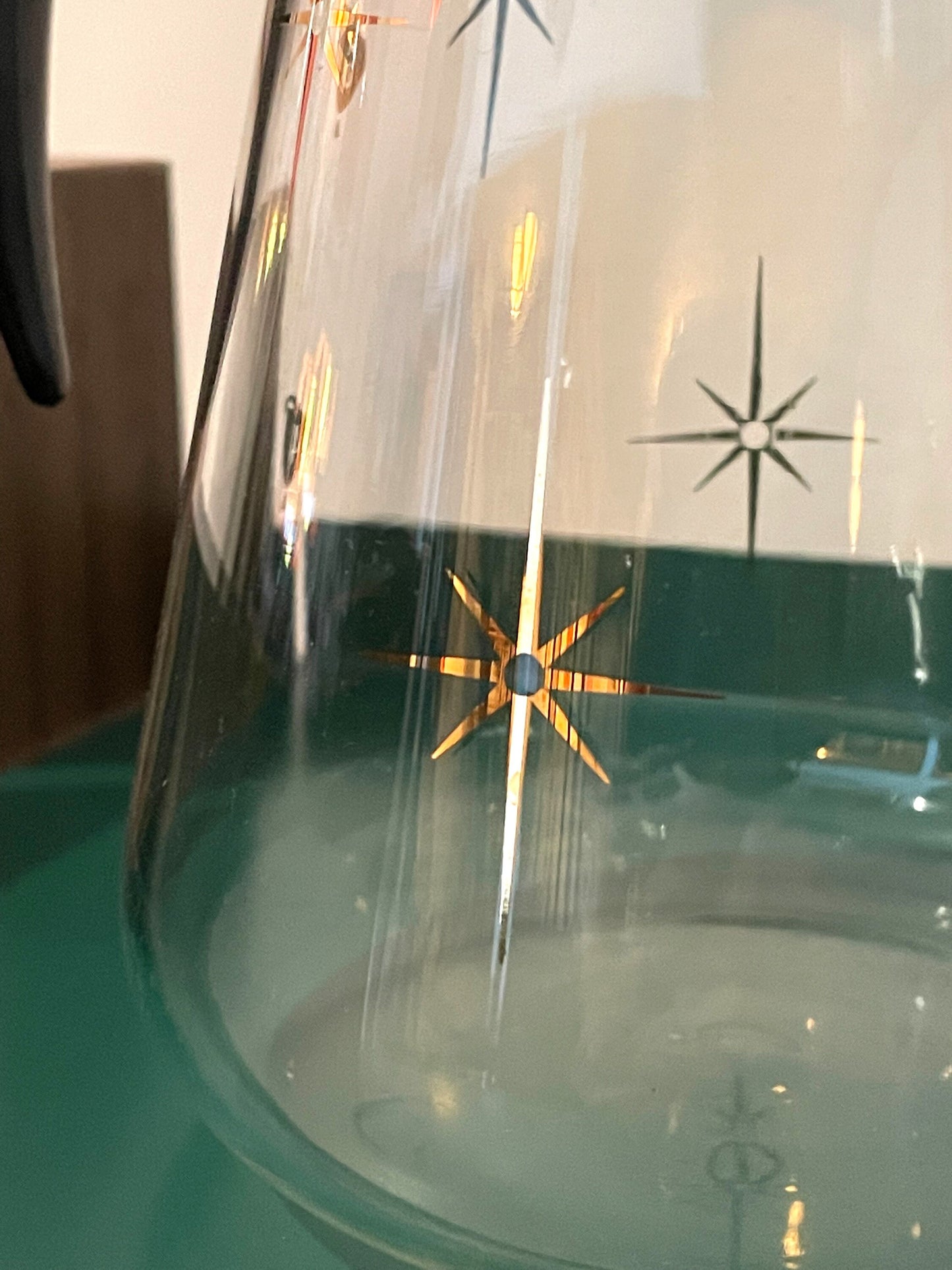 Atomic Starburst Carafe by Corning - Gold Tone Details - Heat Proof Glass