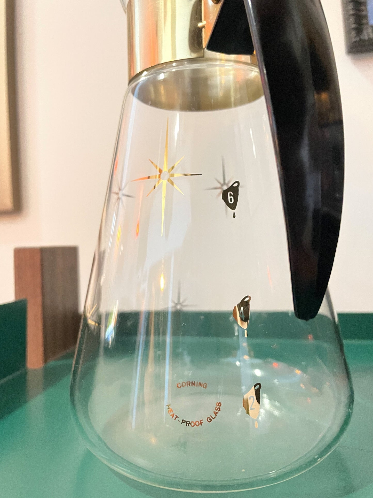 Atomic Starburst Carafe by Corning - Gold Tone Details - Heat Proof Glass