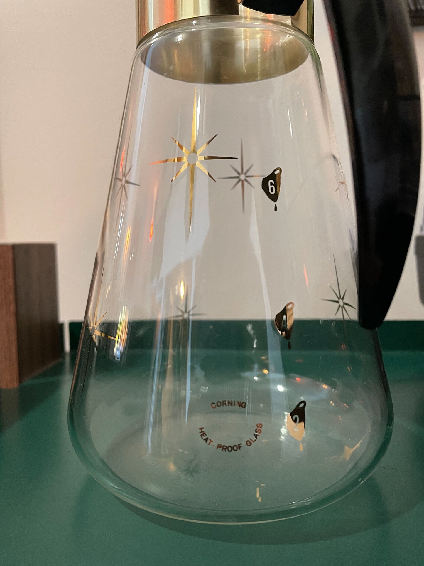 Atomic Starburst Carafe by Corning - Gold Tone Details - Heat Proof Glass