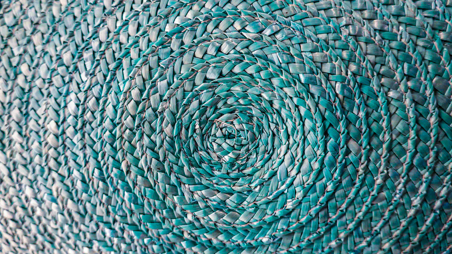 Circle Bag - Vintage Woven Raffia Summer Tote - 1960s Beach Bag - White Leather, Turquoise Raffia, White Acrylic Handle & Tassel
