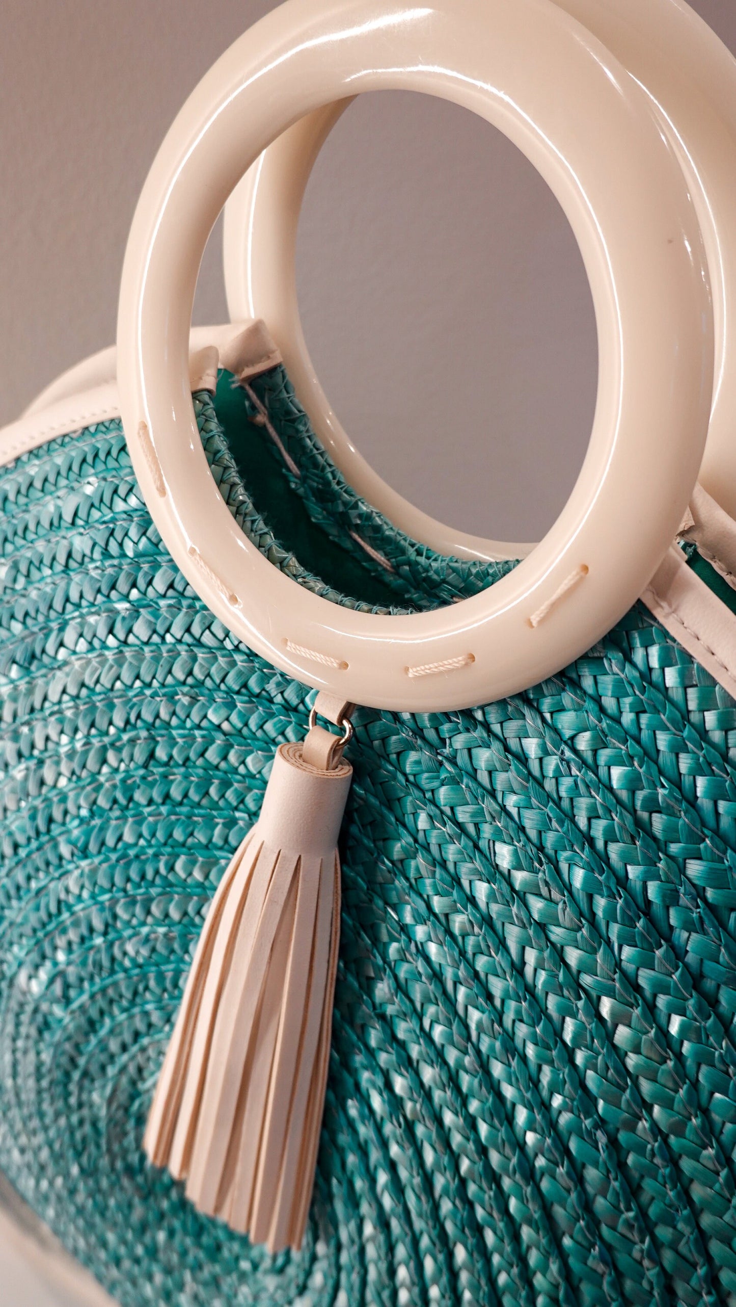 Circle Bag - Vintage Woven Raffia Summer Tote - 1960s Beach Bag - White Leather, Turquoise Raffia, White Acrylic Handle & Tassel