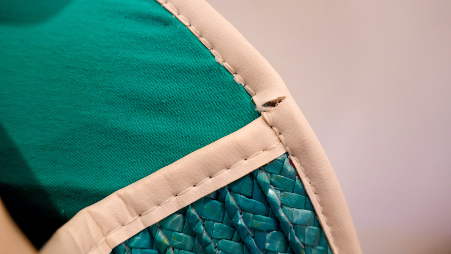 Circle Bag - Vintage Woven Raffia Summer Tote - 1960s Beach Bag - White Leather, Turquoise Raffia, White Acrylic Handle & Tassel